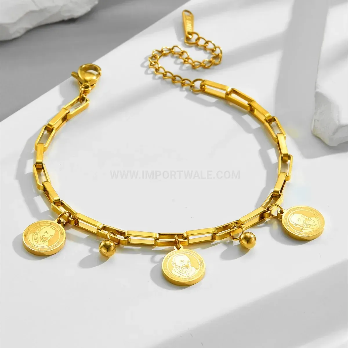 Gold Stainless Steel Portrait Tag Medallion Chain Bracelet