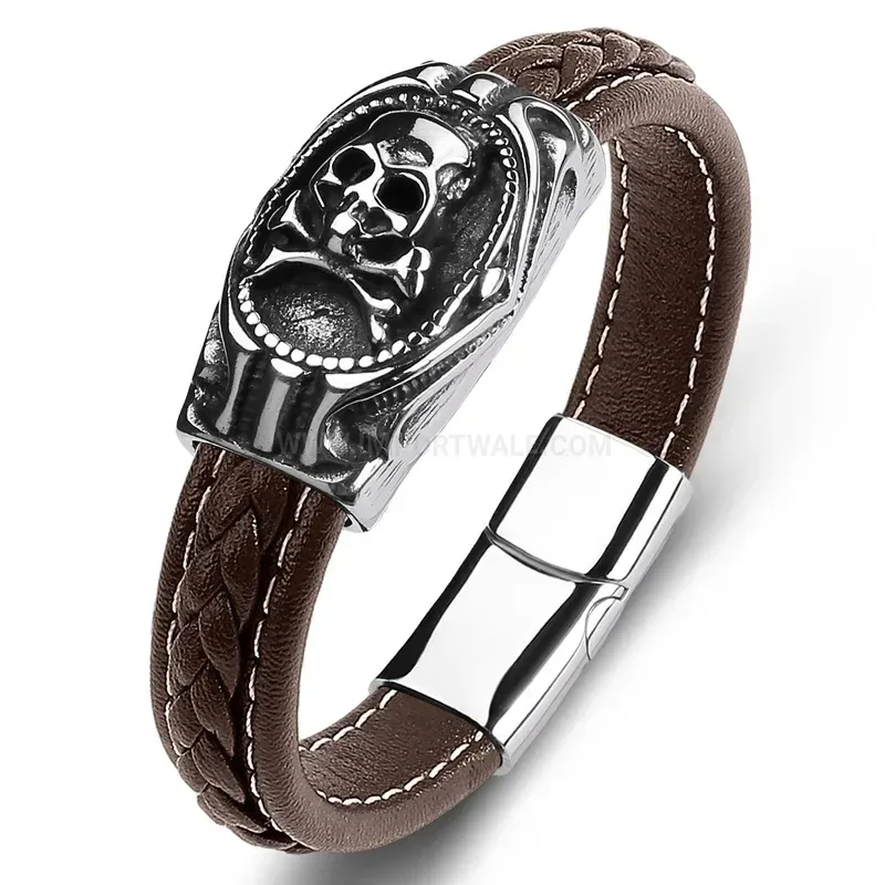 Designer Egyptian King Skull Stainless Steel Leather Bracelet