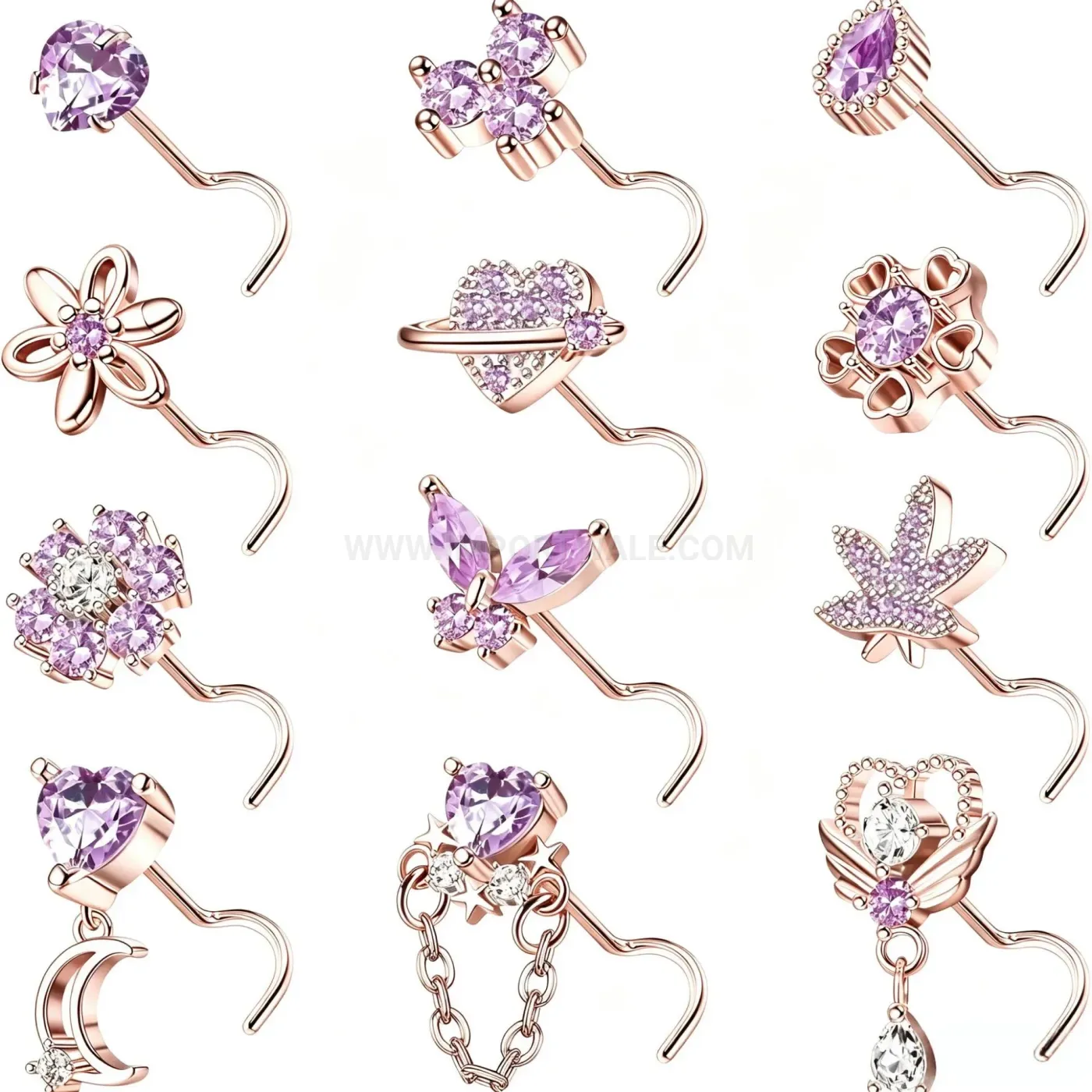 Modern Stainless Steel Curved Nose Stud Piercing with Purple Cubic Zirconia