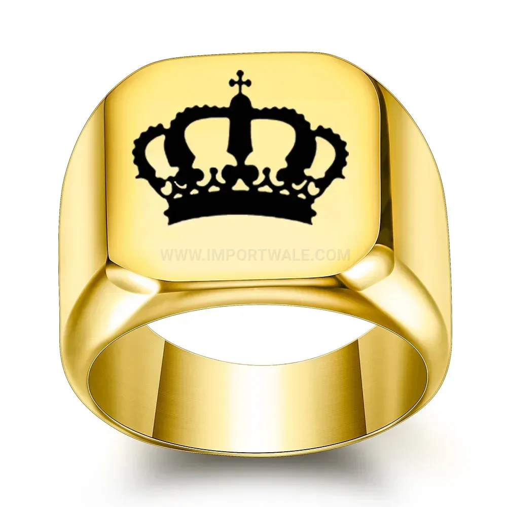 Trendy Crown Engraved Square Top Stainless Steel Signet Ring