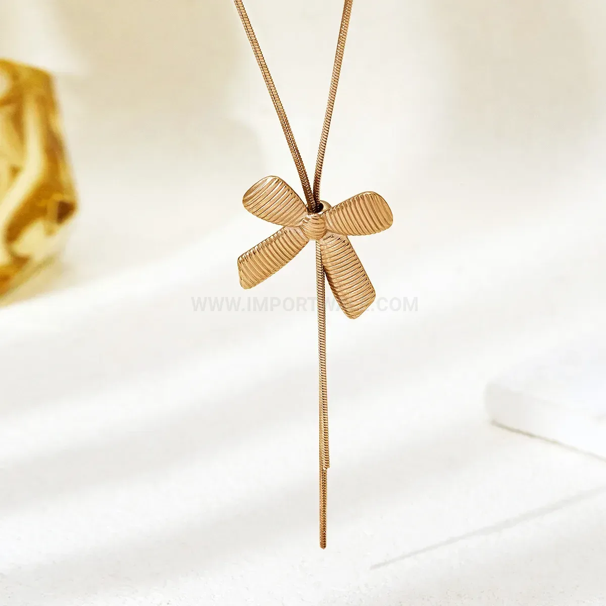 Stylish Rose Gold Plated Stainless Steel Bow Accent Charm Necklace