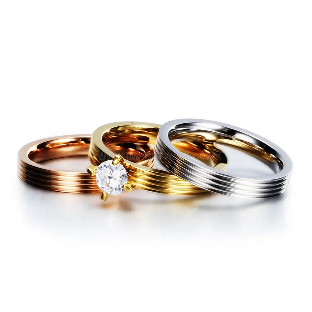 Designer Triple Layer Stainless Steel Ring Set with Zircon Accents