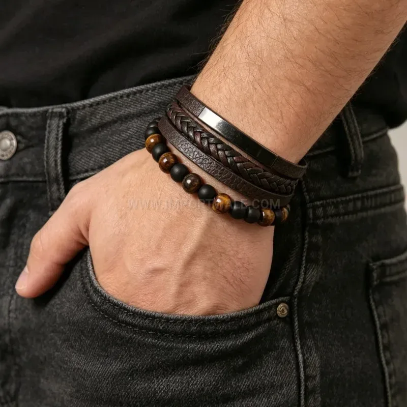 Fashion Multi Layer Braided Leather Gemstone Beaded Bracelet
