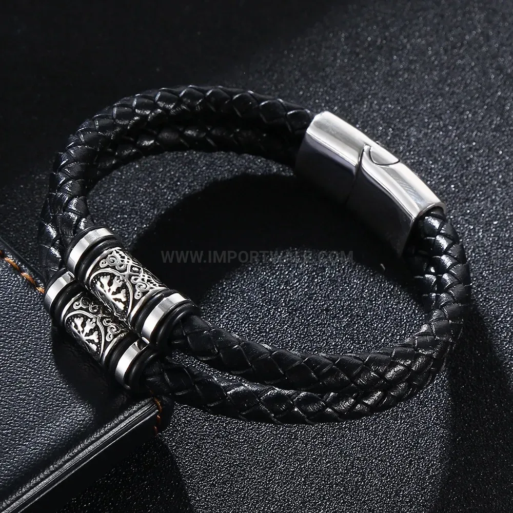 Viking Style Multi Layer Braided Leather Stainless Steel Bracelet