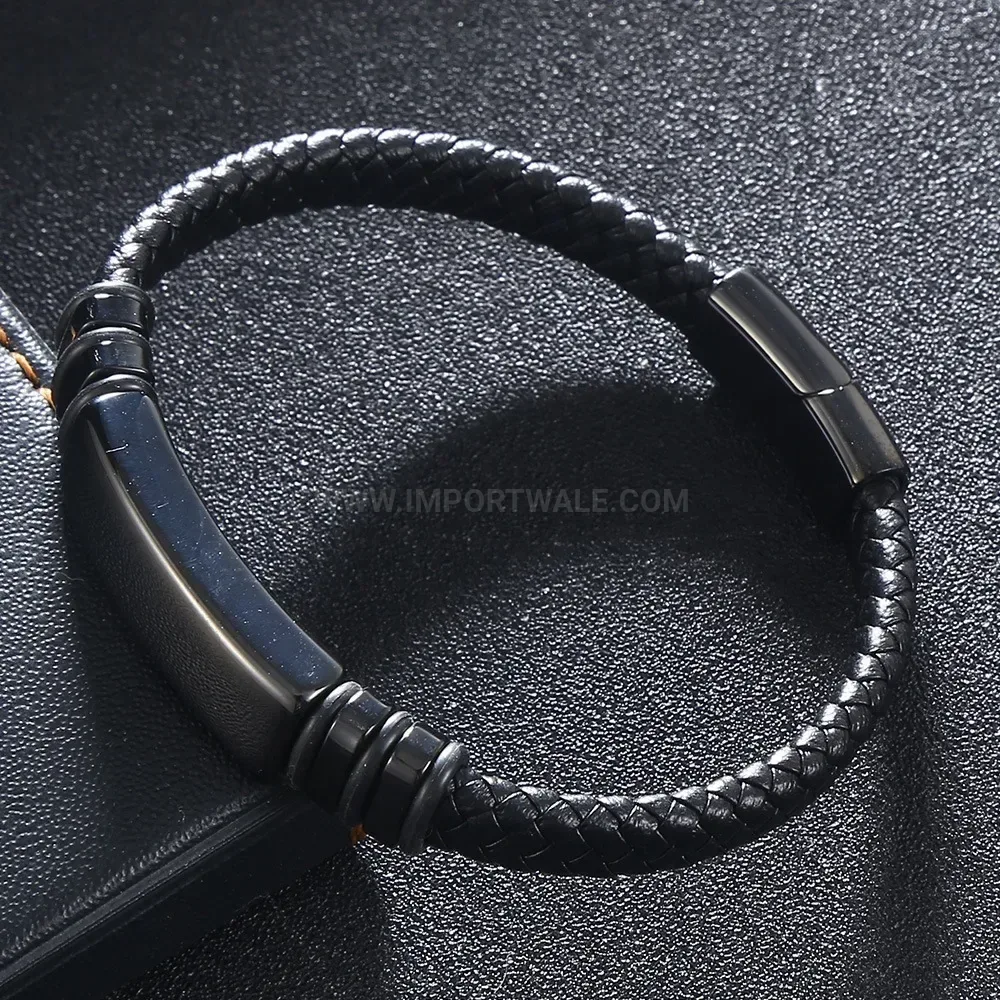 Minimalist Braided Leather Men Bracelet with Polished Stainless Steel Accents
