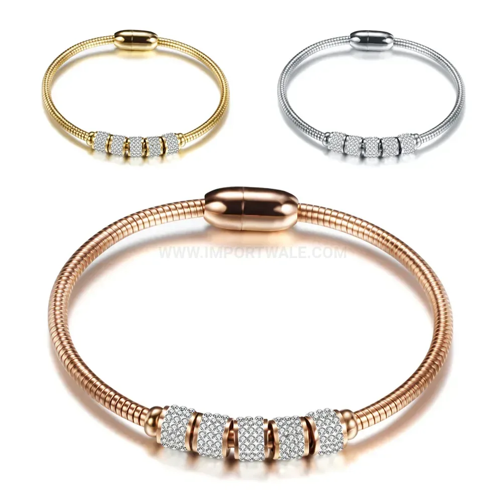 Classic Rhinestone Snake Chain Stainless Steel Bangle with Magnetic Clasp