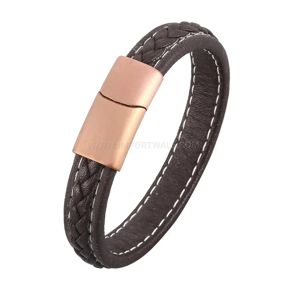 Braided Leather Wristband featuring Rose Gold Plated Stainless Clasp
