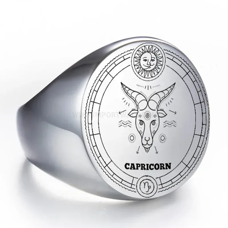 Classic Vintage Round Zodiac Stainless Steel Signet Ring