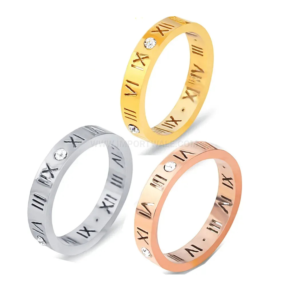 Classic Roman Numeral Rhinestone Cutout Stainless Steel Ring