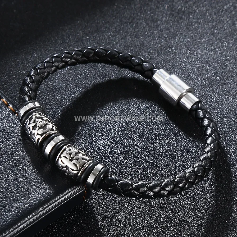 Double Strand Braided Genuine Leather Stainless Steel Bracelet