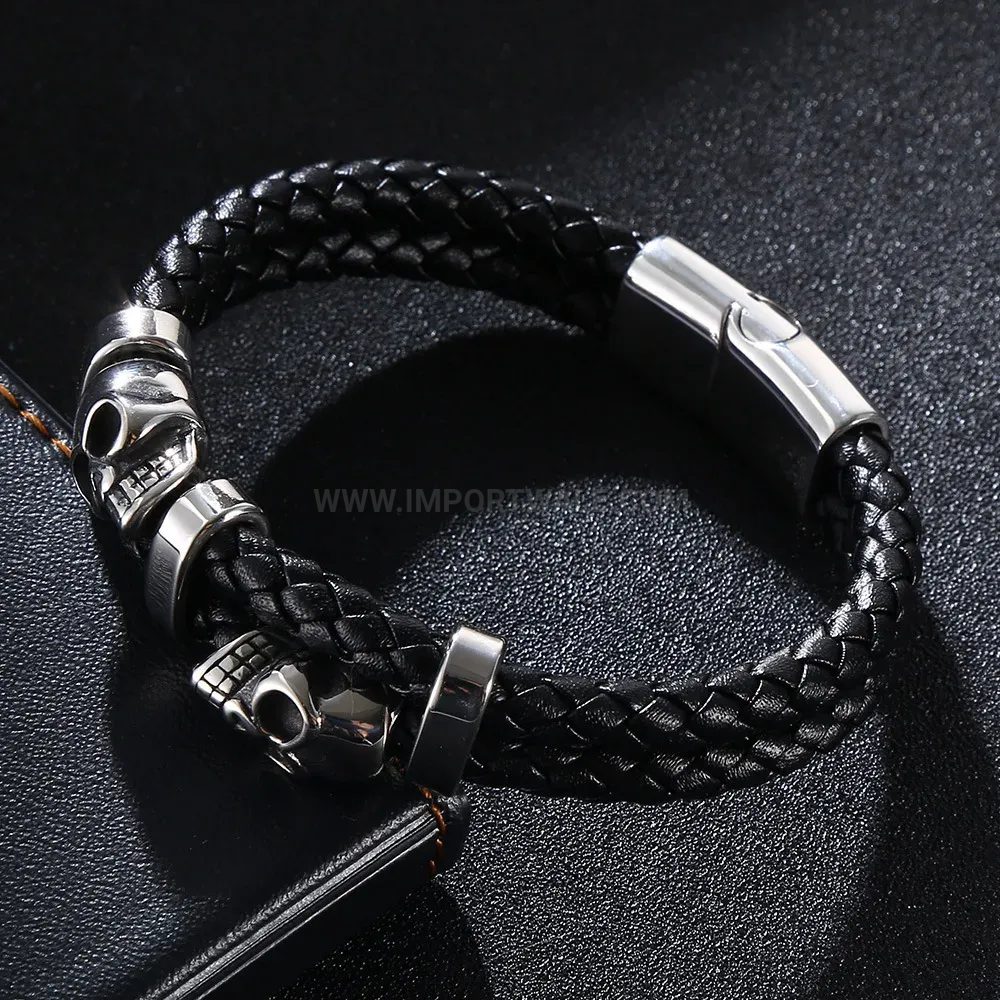 Classic Braided Leather Skull Clasp Steel Bracelet