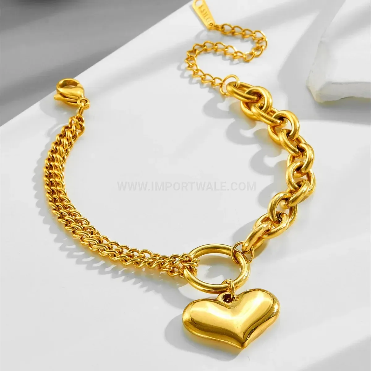 Classic Gold Plated Stainless Steel Heart Charm Chain Bracelet