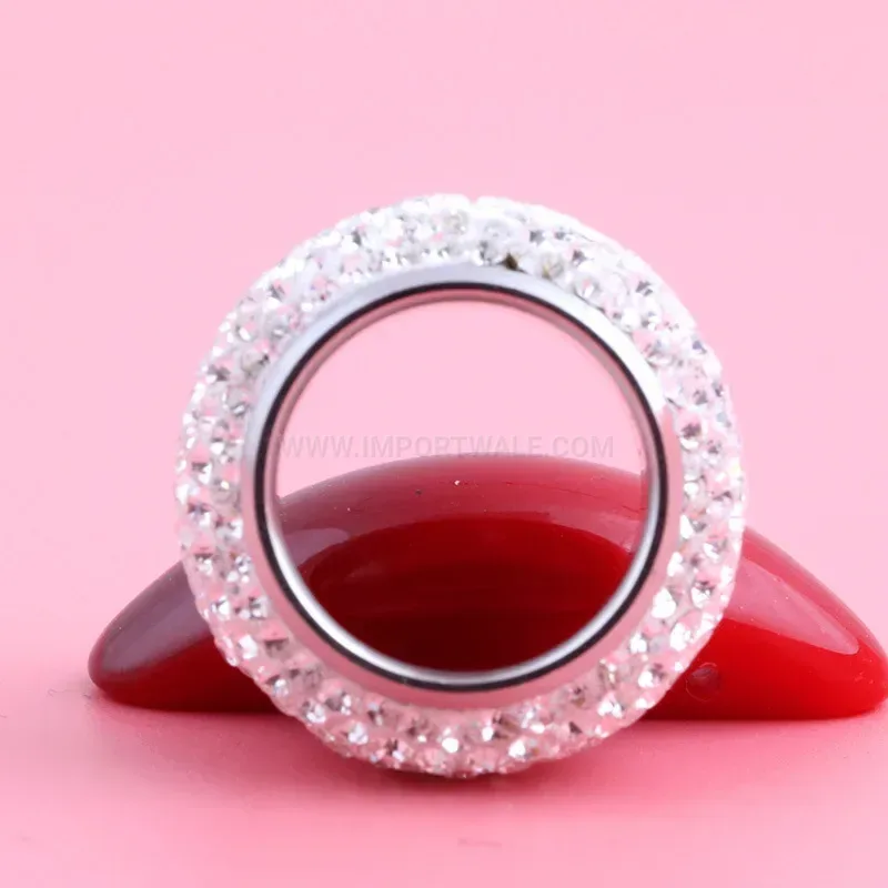 Seven Row Rhinestone Wide Stainless Steel Band Ring 15mm