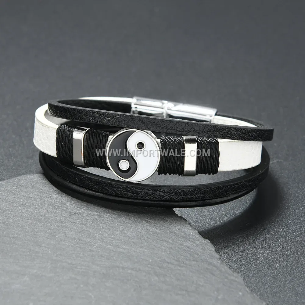 Tai Chi Enamel Leather Coded Wrap Bracelet