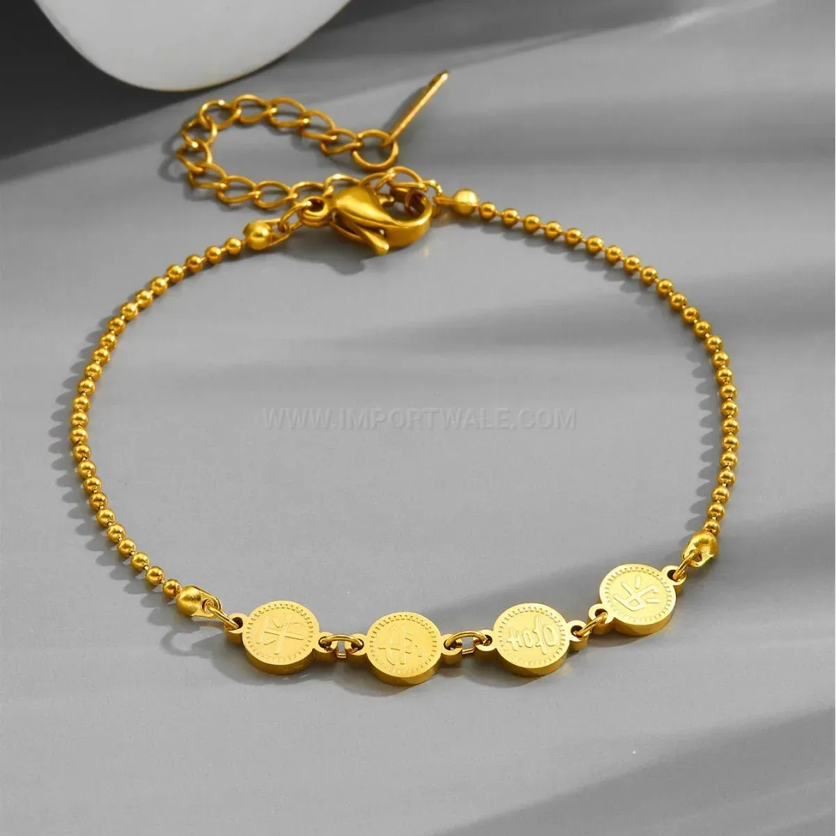 Gold Plated Stainless Steel Engraved Blessing Round Disc Pendant Bracelet