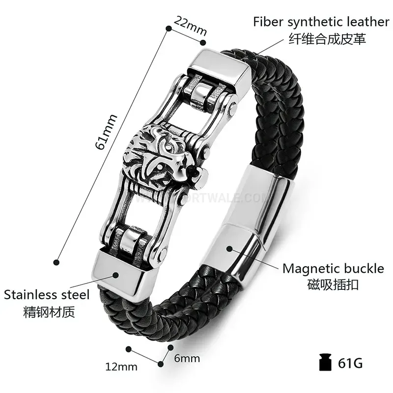 Fashion Sculpted Lion Head Dual-Tone Leather Steel Bracelet