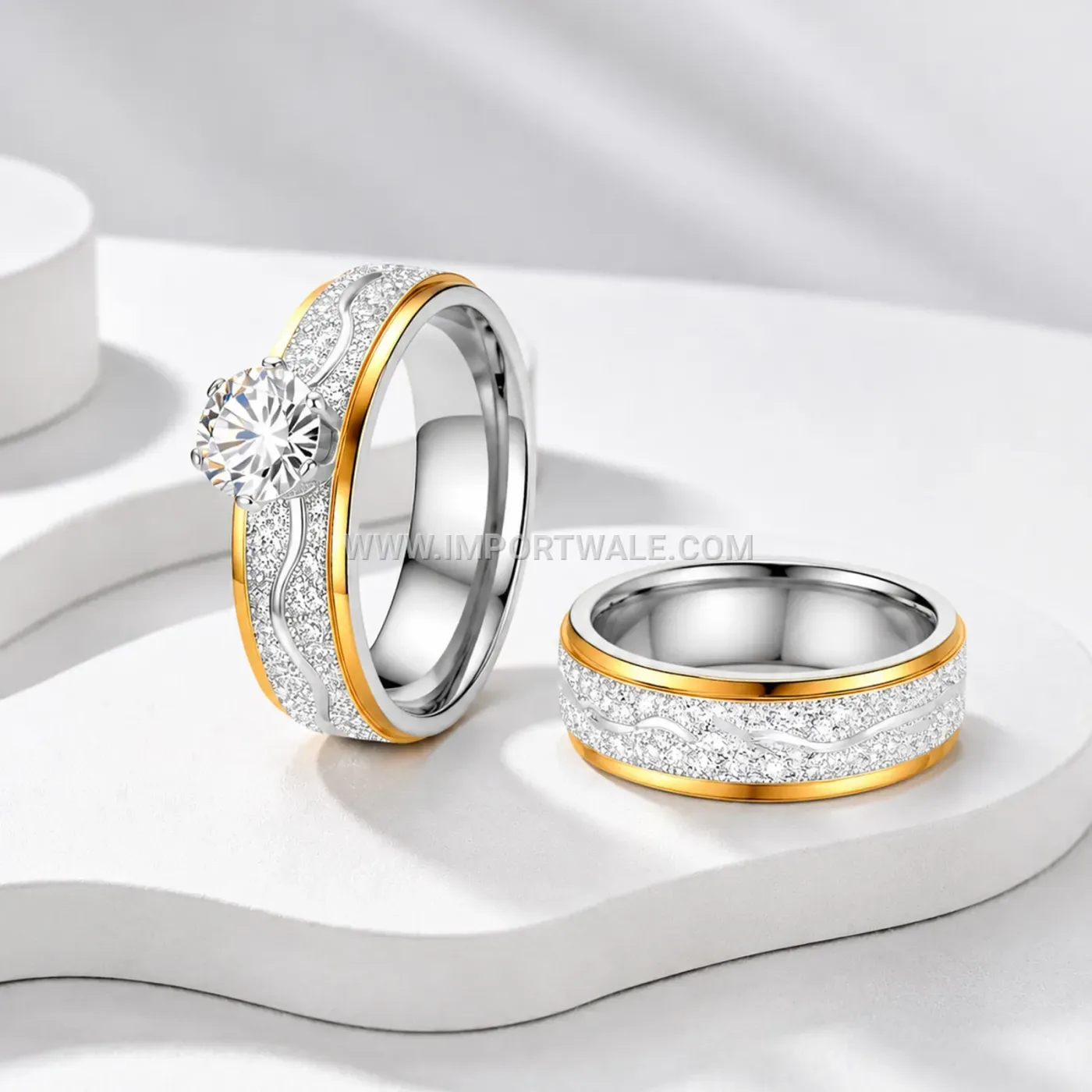 Two-Tone Stainless Steel Sparkling Couples Band Ring
