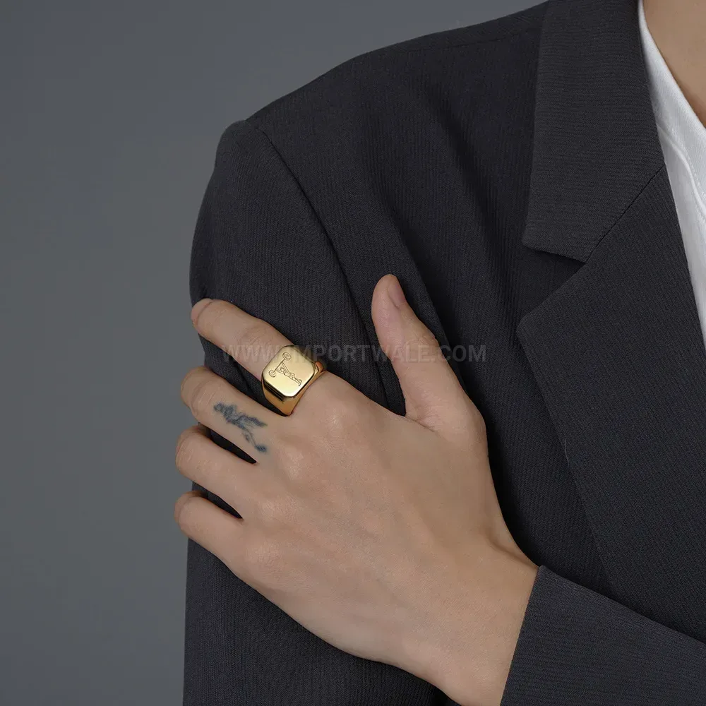 Classic Weightlifter Engraved Square Stainless Steel Signet Ring