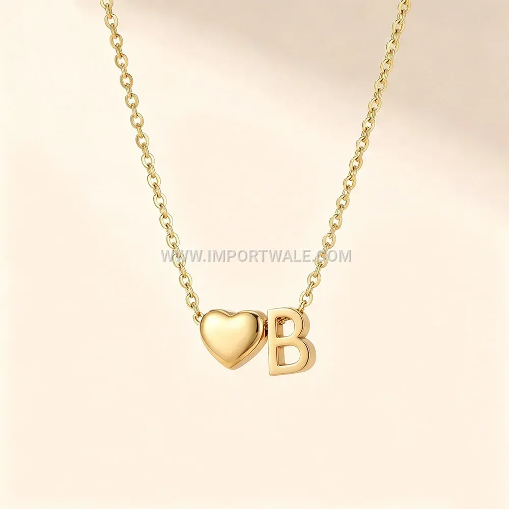Gold Plated Stainless Steel Heart Initial Pendant Necklace