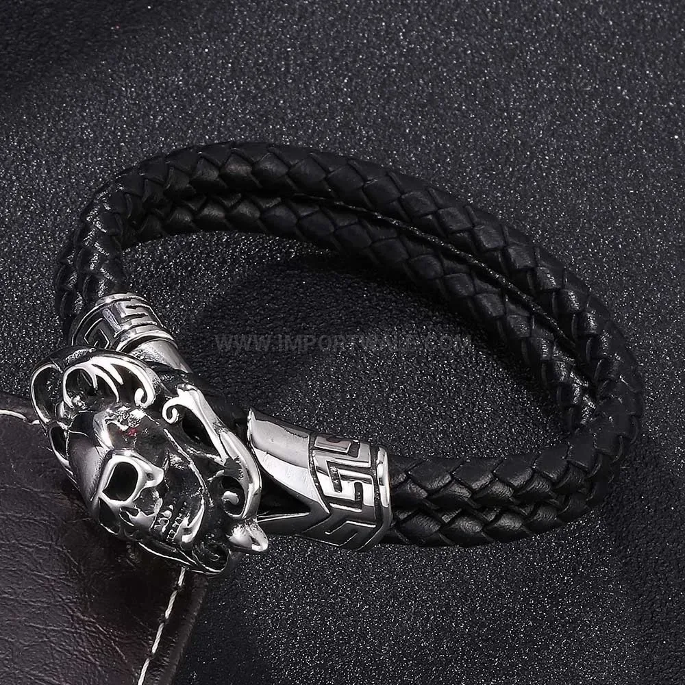 Double Wrap Black Leather Skull Accent Steel Bracelet