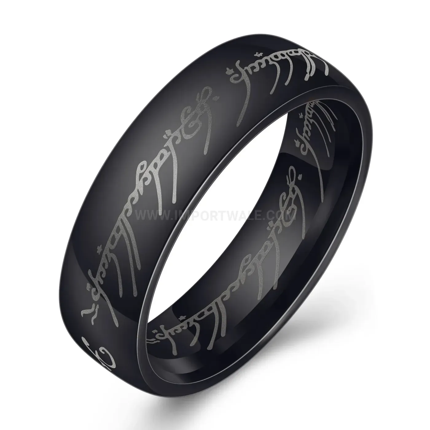Modern Laser Engraved Elvish Script Stainless Steel Band Ring
