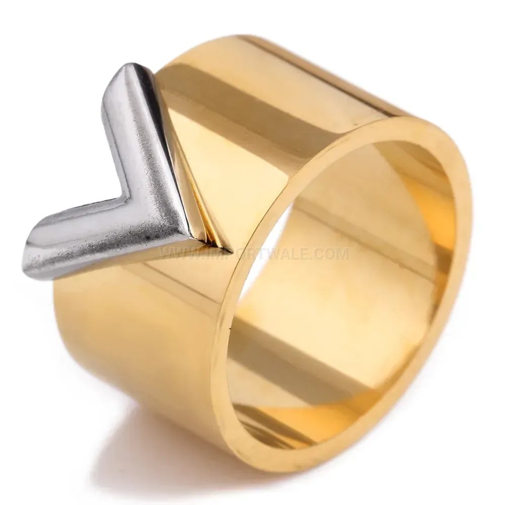 Stylish Two Tone Stainless Steel Wide V Letter Band Ring