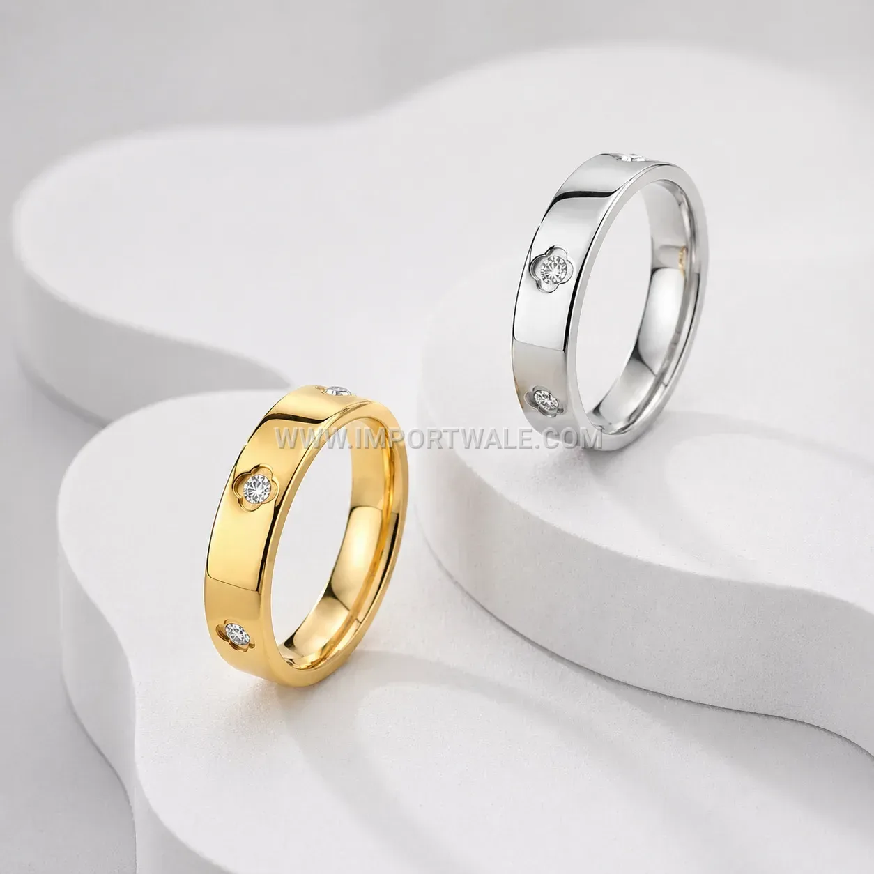 Four-Leaf Clover Rhinestone Stainless Steel Band Ring