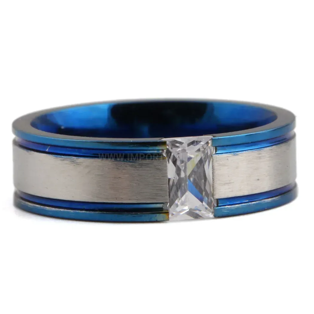 Designer Two-Tone Blue Zircon Inlaid Stainless Steel Band Ring