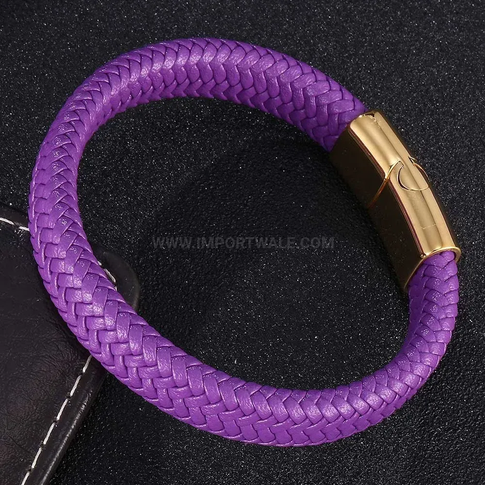 Braided Leather and Stainless Steel Magnetic Wrap Bracelet