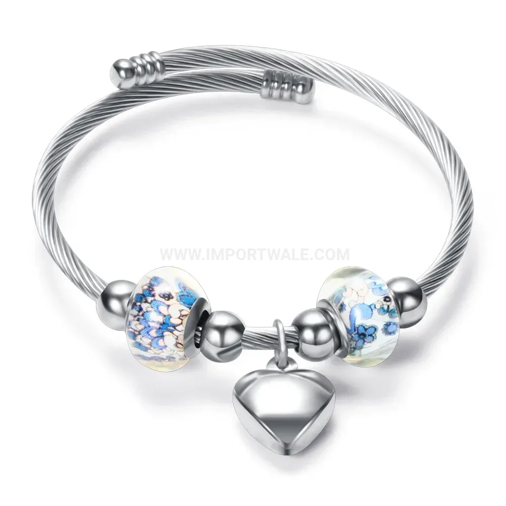 Designer Beaded Heart Charm Stainless Steel Bangle Bracelet