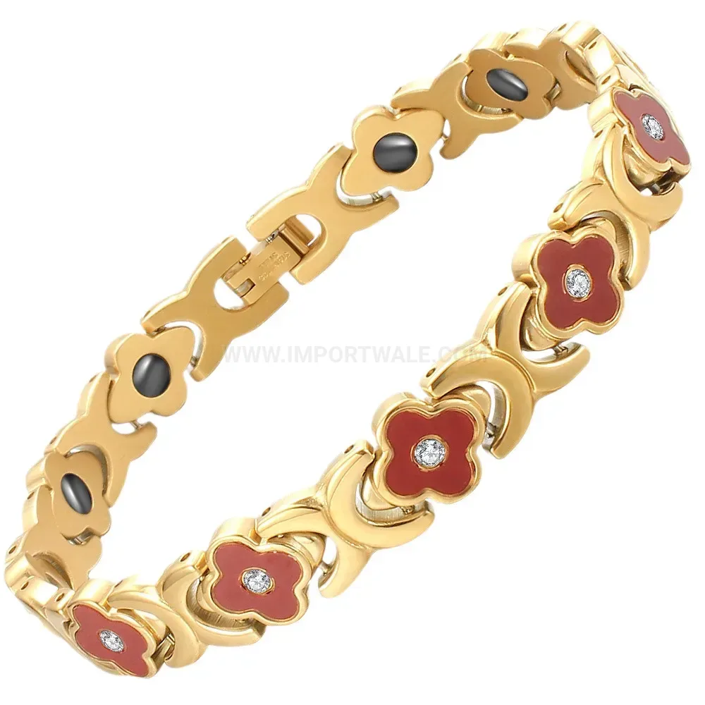 Titanium Steel Four-Leaf Clover Shell Inlaid Bio Magnetic Bracelet