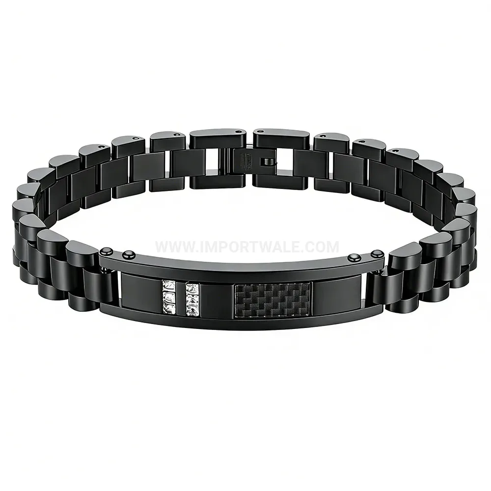Rhinestone Carbon Fiber Curved Bar Stainless Steel Watchband Bracelet