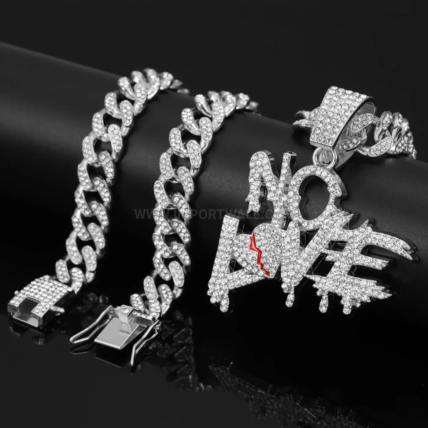 Trendy Iced Out Broken Heart Pendant Cuban Chain Necklace