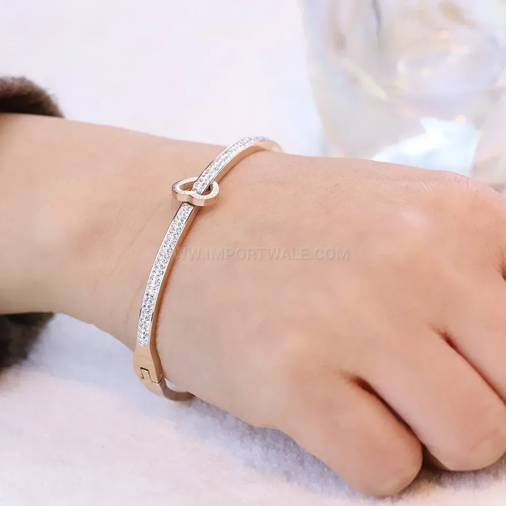Modern Double Row Rhinestone Heart Open Cuff Bracelet