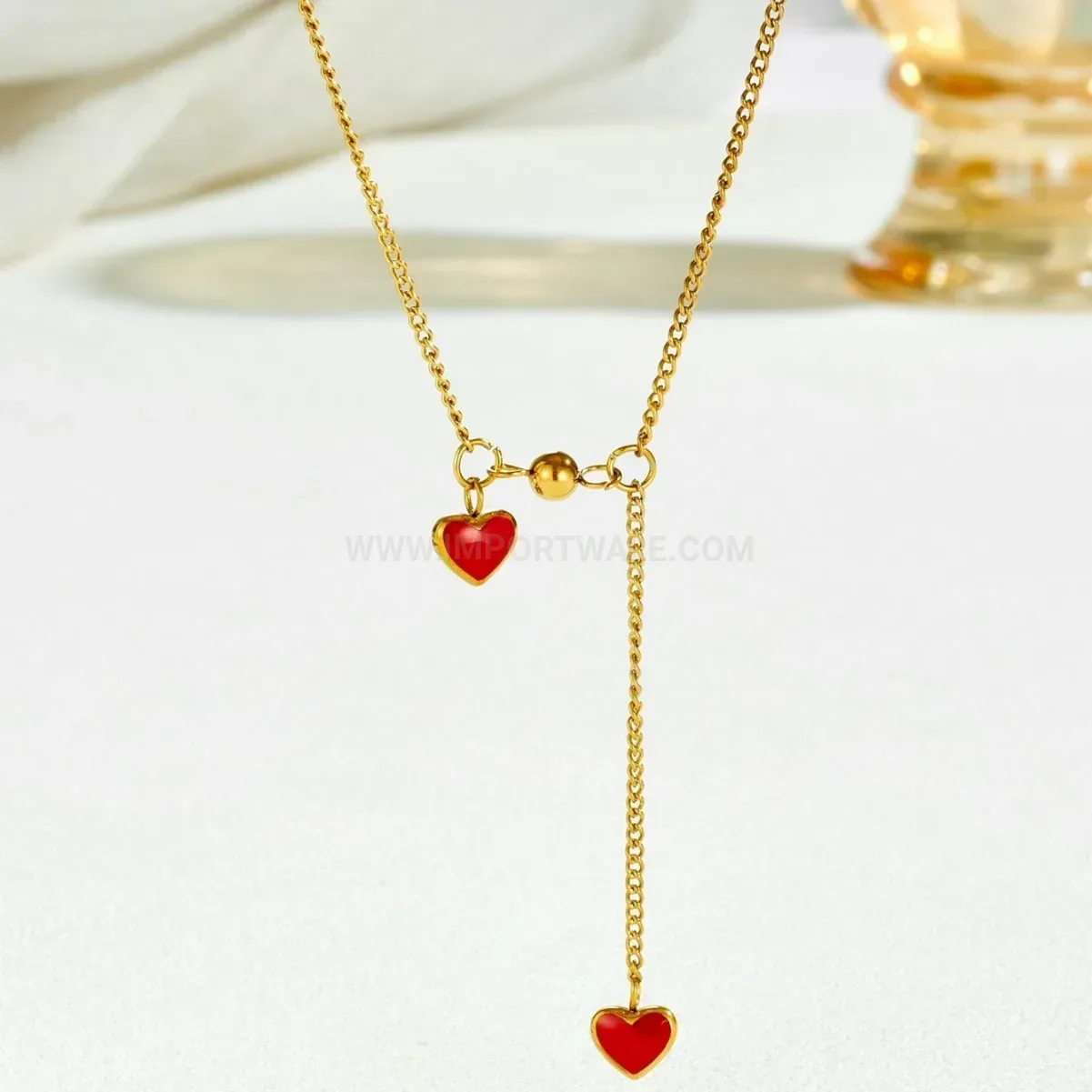 Wine Red Heart Pendant Stainless Steel Tassel Chain Necklace