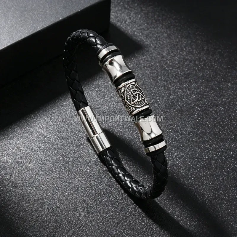 Celtic Triquetra Woven Leather Men's Bracelet With Magnetic Clasp