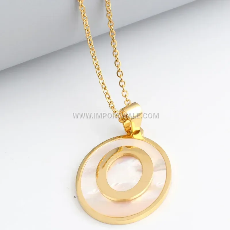 Gold Stainless Steel Shell Circular Disc Pendant Necklace
