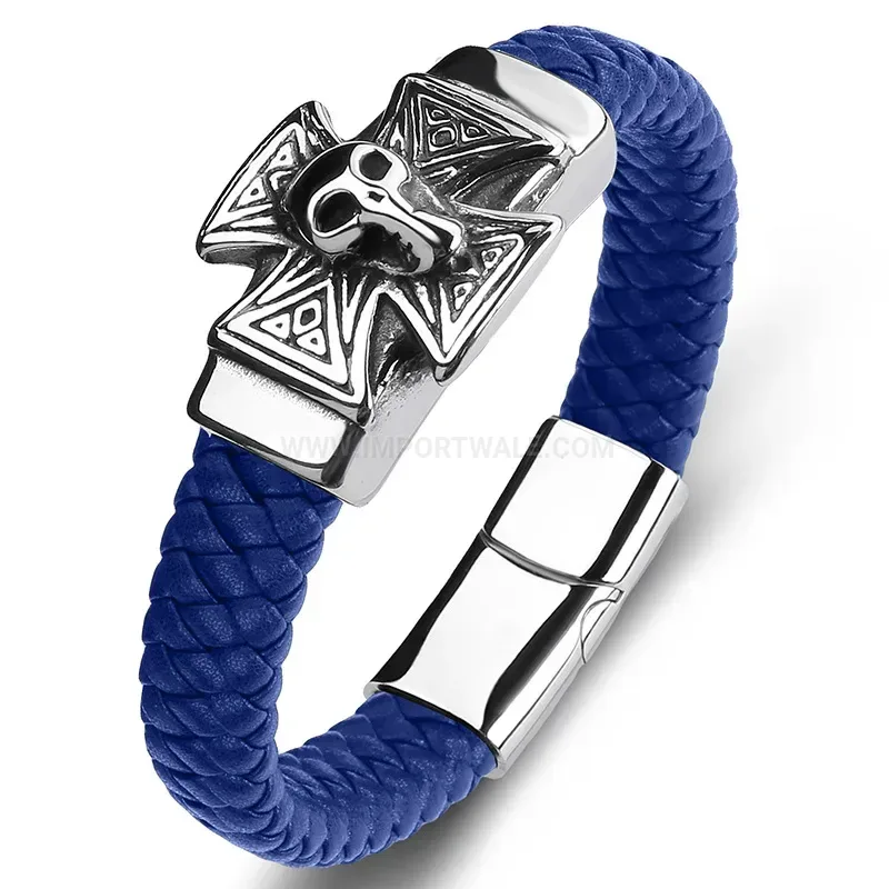 Stylish Gothic Skull and Cross Stainless Steel Leather Wristband Bracelet