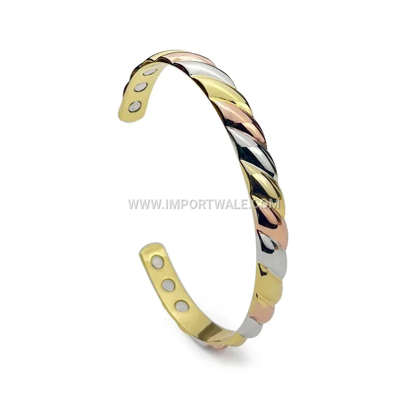 Tricolor Twisted Brass Open Cuff Magnetic Bracelet