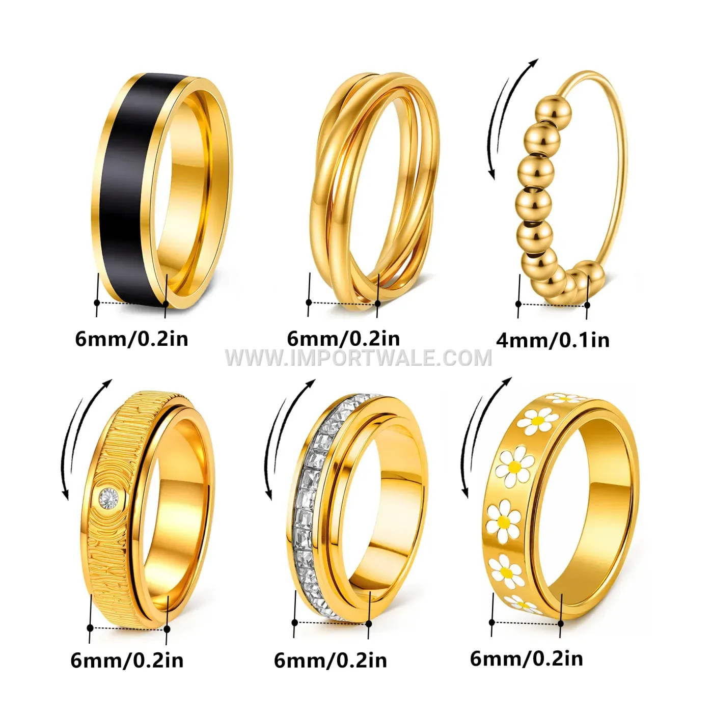 Rotatable Crystal Stainless Steel Stacking Ring Set