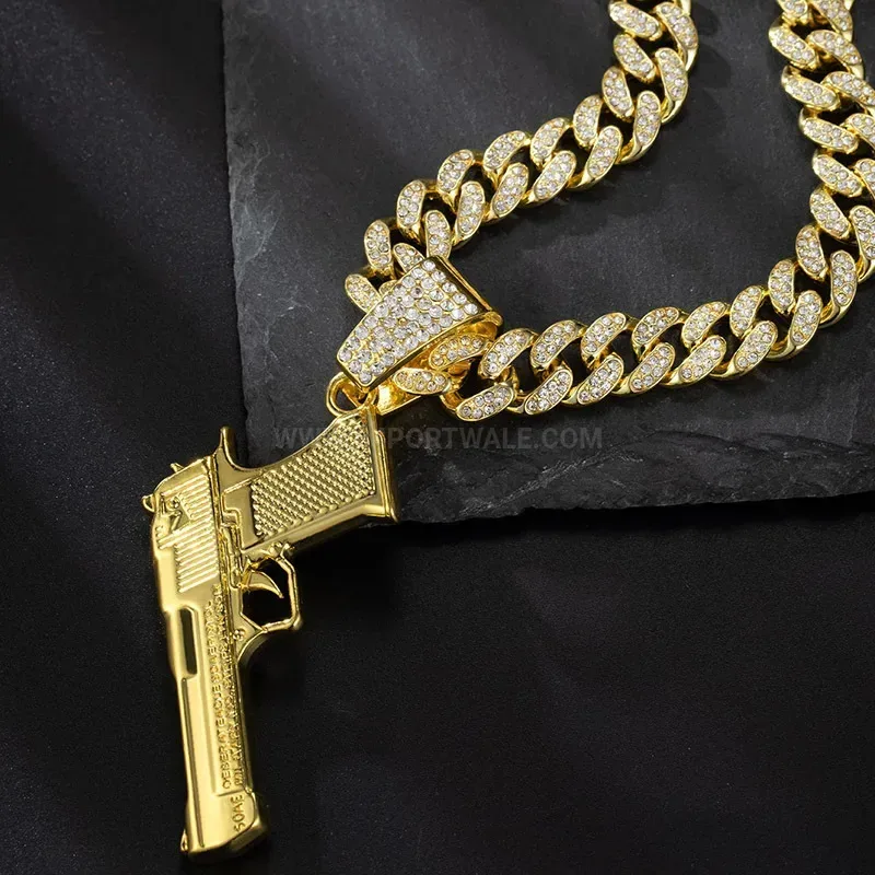 Classic Rhinestone Handgun Pendant Thick Cuban Link Chain