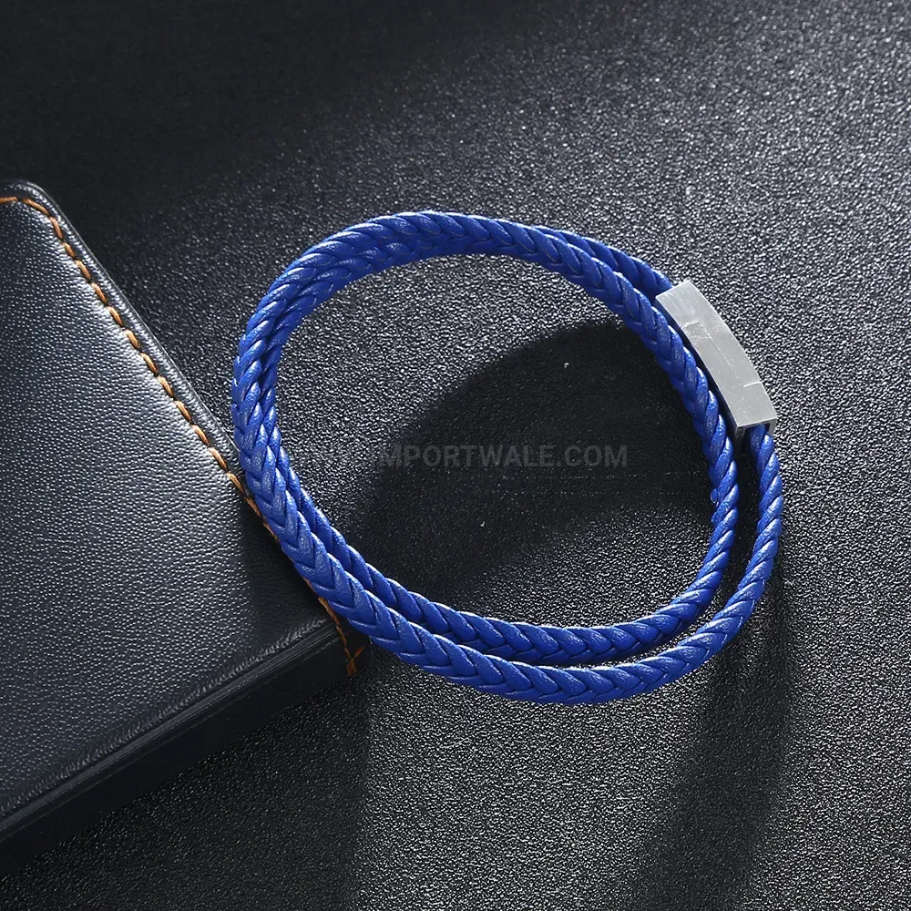 Double-Wrap Braided Leather Bracelet with Magnetic Stainless Steel Clasp