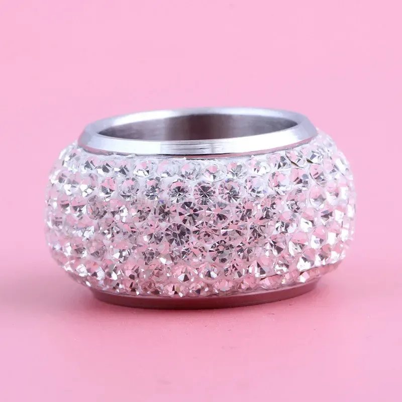 Seven Row Rhinestone Wide Stainless Steel Band Ring 15mm