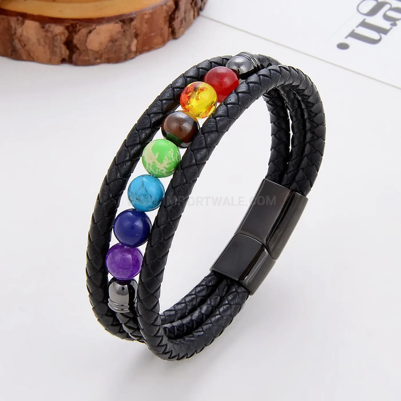Colorful Stone Beaded Leather Rope Bracelet with Magnetic Clasp