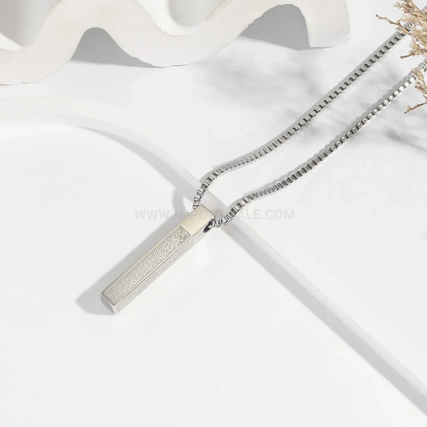 Classic Square Pillar Arabic Calligraphy Stainless Steel Pendant Link Necklace