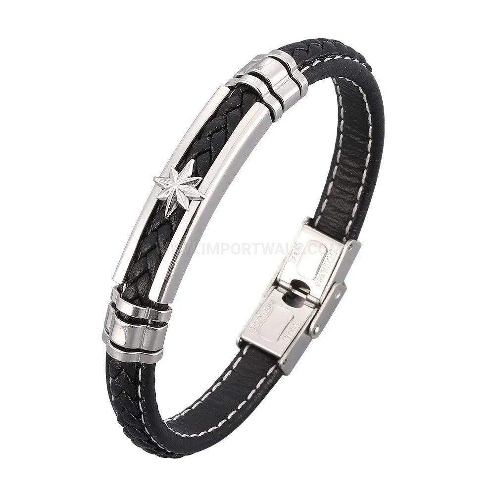 Trendy Woven Leather Stainless Steel Men Bracelet