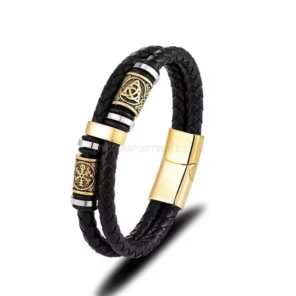 Woven Leather Wrap Stainless Steel Accent Cuff