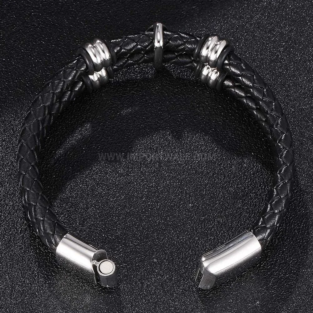 Floral Motif Electroplated Stainless Steel Braided Leather Bangle Bracelet