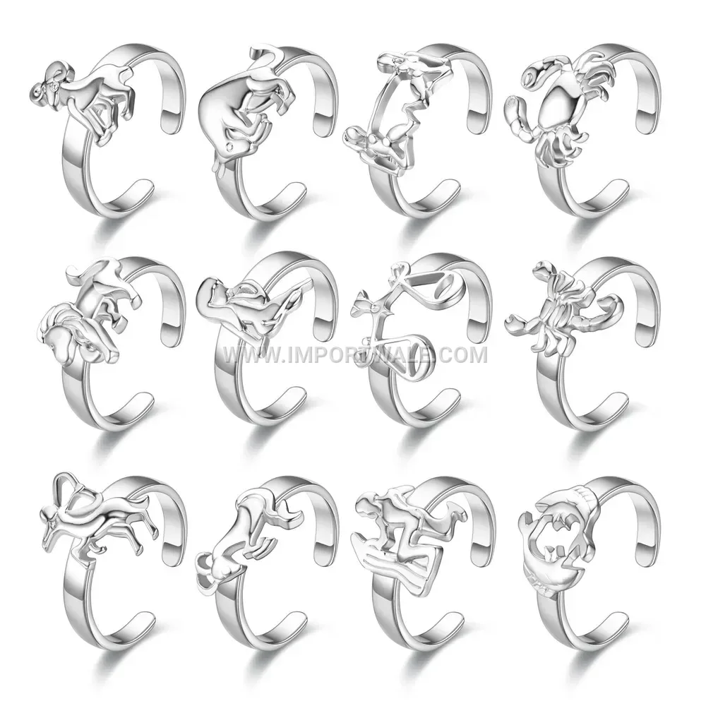 Zodiac Engraved Adjustable Stainless Steel Open Ring