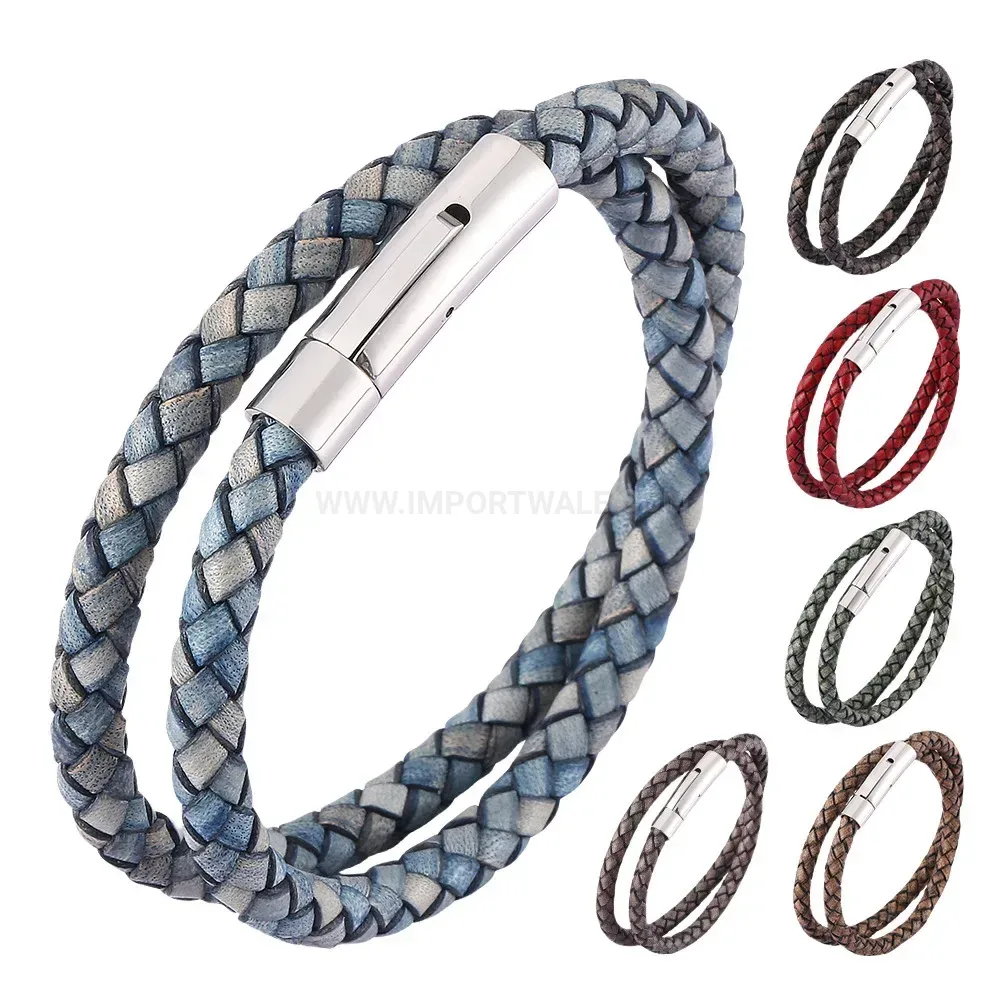 Double Wrap Braided Leather Bracelet with Stainless Steel Clasp